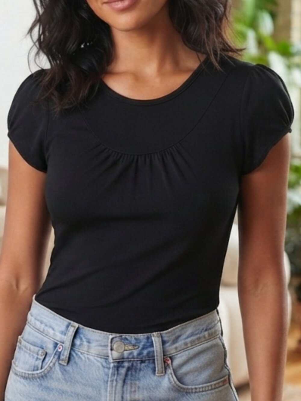 THE LIMITED Black Cap Short-Sleeve Pleated Neckline Top Small